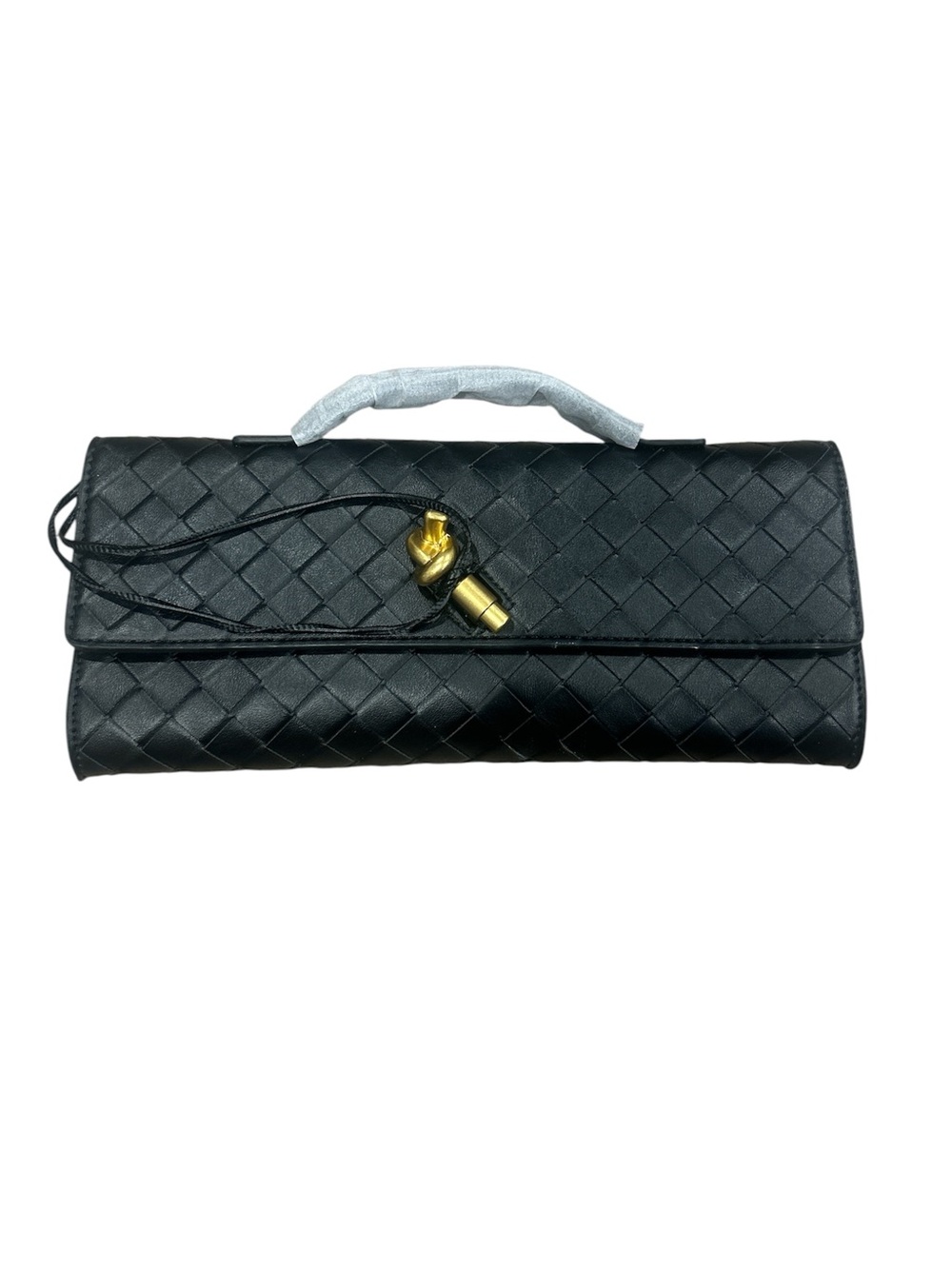 Intrecciato Style Woven Leather Long Clutch Bag - Black Top Handle Evening Bag